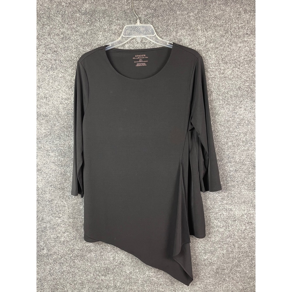 Chico's The Ultimate Tee Women Size 1 Medium Black Asymmetrical Hem 3/4 Sleeve